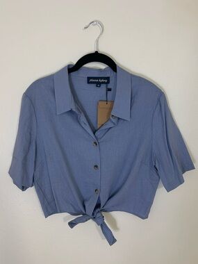 Princess Highway Blue Tie-Front Button Down Crop Shirt